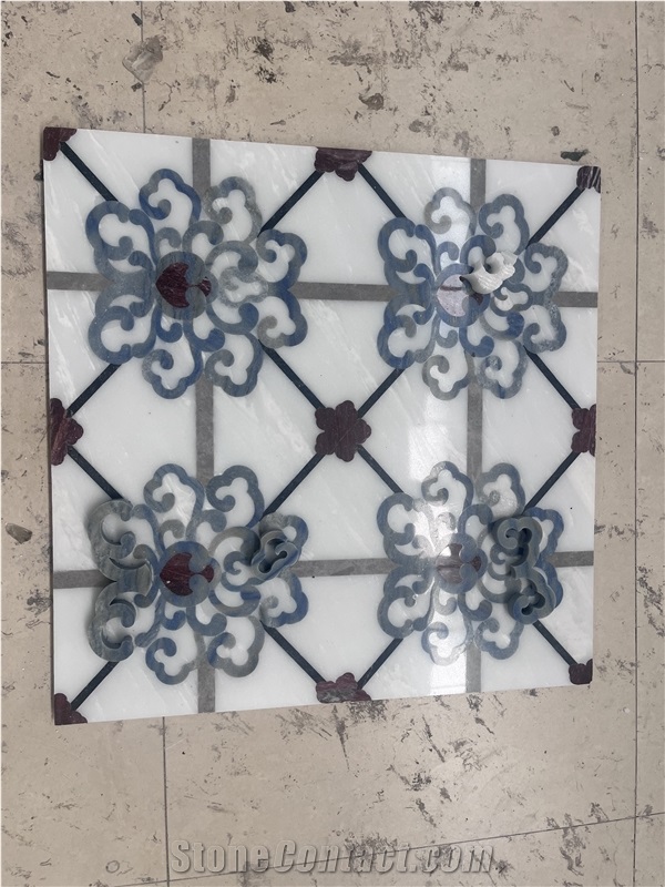 White And Blue Marble Inlay Medallions Bathroom Flooring