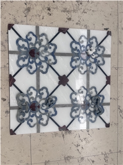White And Blue Marble Inlay Medallions Bathroom Flooring