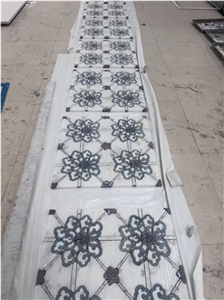 White And Blue Marble Inlay Medallions Bathroom Flooring