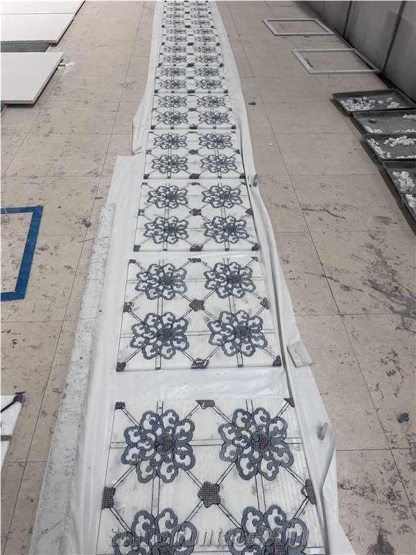 White And Blue Marble Inlay Medallions Bathroom Flooring