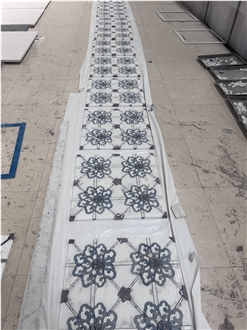 White And Blue Marble Inlay Medallions Bathroom Flooring
