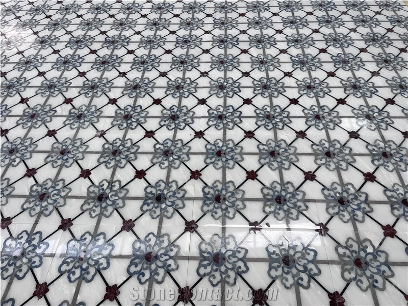 White Marble Mosaic Waterjet Medallion Floor Application