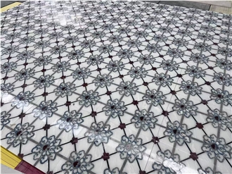 White Marble Mosaic Waterjet Medallion Floor Application