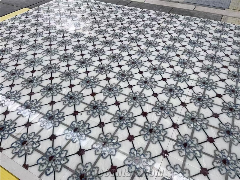 White Marble Mosaic Waterjet Medallion Floor Application