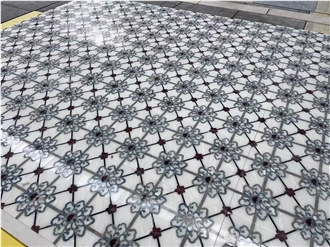 White Marble Mosaic Waterjet Medallion Floor Application