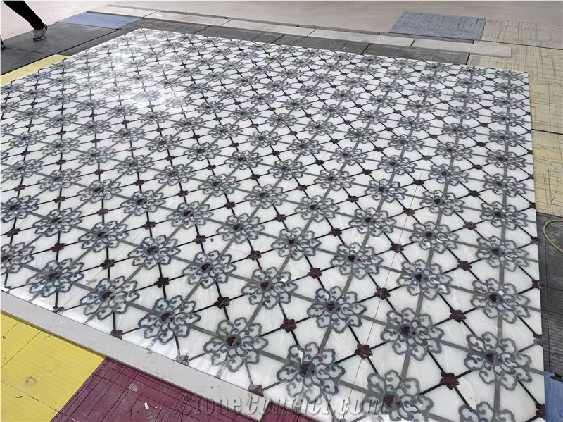 White Marble Mosaic Waterjet Medallion Floor Application