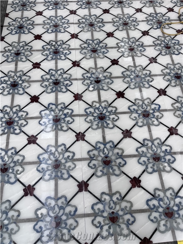 White Marble Mosaic Waterjet Medallion Floor Application