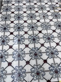 White Marble Mosaic Waterjet Medallion Floor Application