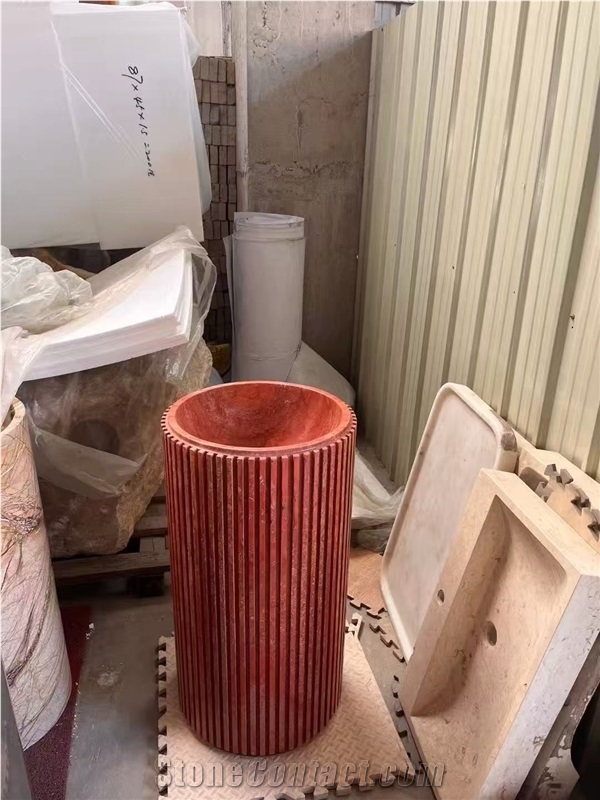 Red Travertine Pedestal Wash Basins