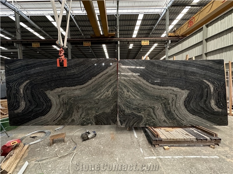 Golden Black Forest Ancient Wood Black Marble Slabs