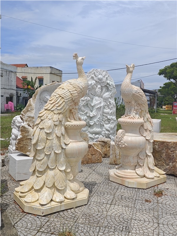 Viet Nam Silk Yellow Marble Peacock Sculpture