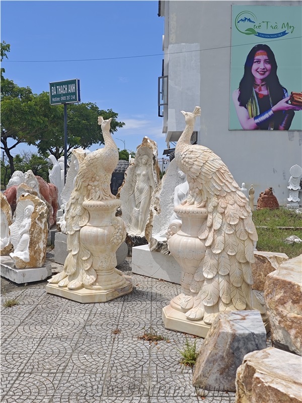 Viet Nam Silk Yellow Marble Peacock Sculpture