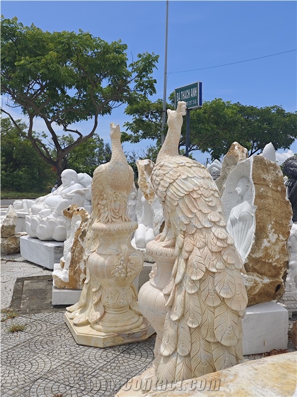 Viet Nam Silk Yellow Marble Peacock Sculpture