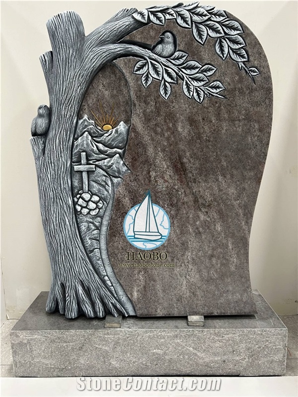 Paradiso Granite Tree Carved Headstone