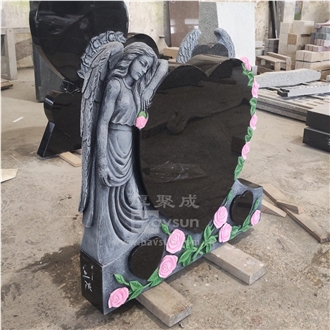 Absolute Black Granite Angel Holding Flower Rose Heart Shape Headstone