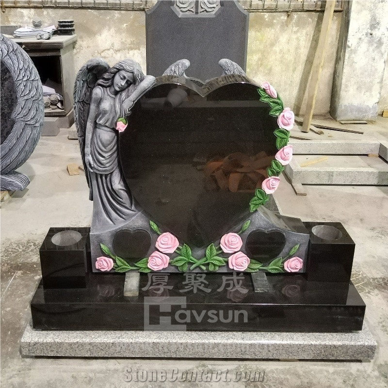 Absolute Black Granite Angel Holding Flower Rose Heart Shape Headstone