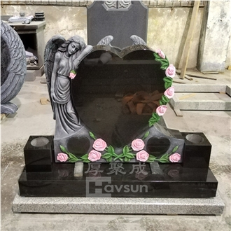 Absolute Black Granite Angel Holding Flower Rose Heart Shape Headstone