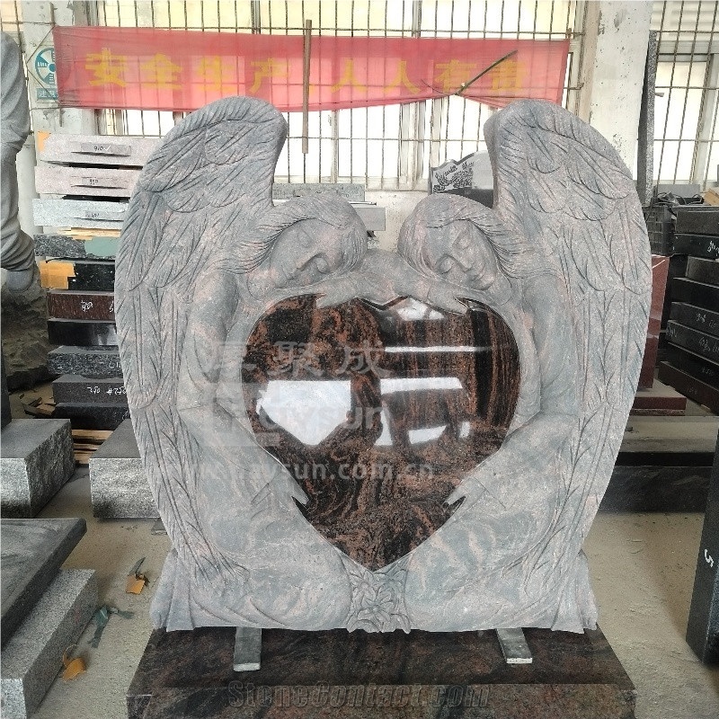 Aurora Granite Brown Color Two Angels Holding Heart Tombstone