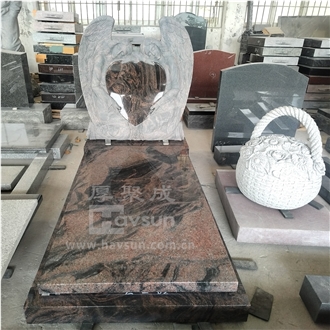 Aurora Granite Brown Color Two Angels Holding Heart Tombstone