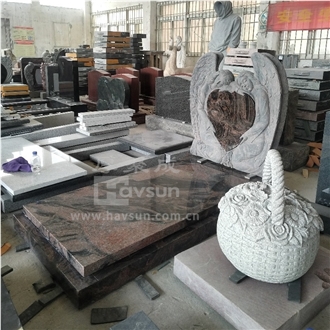 Aurora Granite Brown Color Two Angels Holding Heart Tombstone