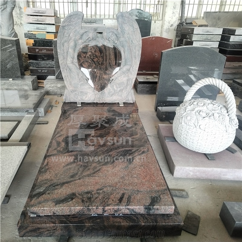 Aurora Granite Brown Color Two Angels Holding Heart Tombstone