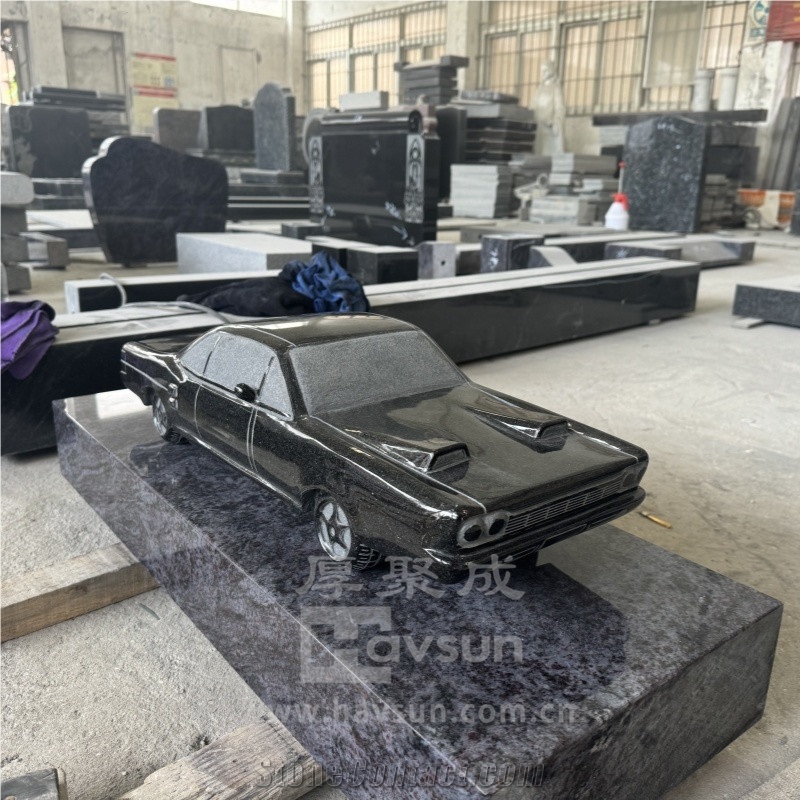 Black Granite Car Design Memorial Headstone With Blue Base