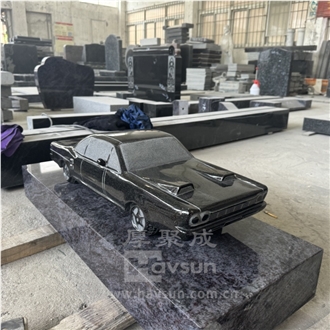 Black Granite Car Design Memorial Headstone With Blue Base