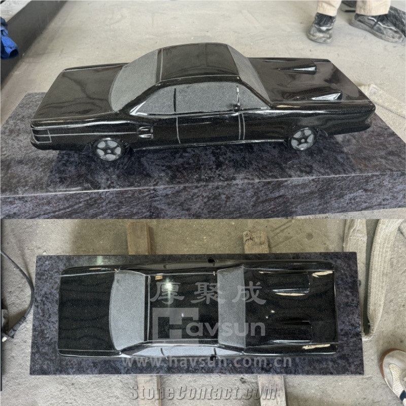 Black Granite Car Design Memorial Headstone With Blue Base
