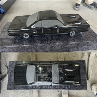 Black Granite Car Design Memorial Headstone With Blue Base
