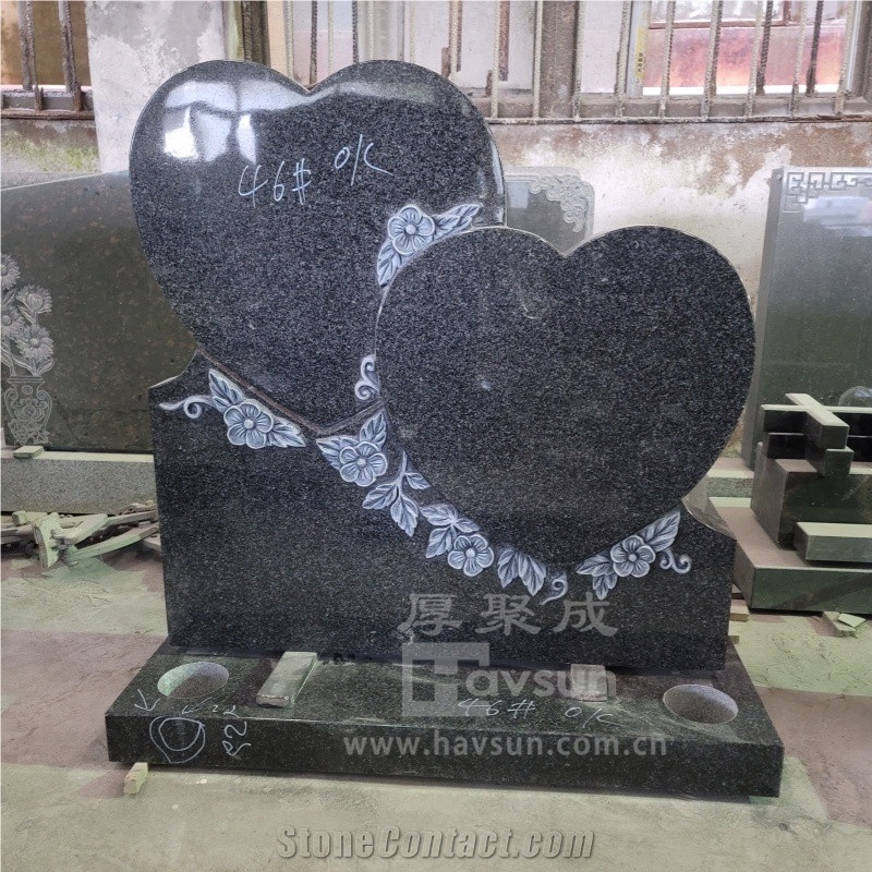 Granite Two Hearts Headstone With Carved Flower