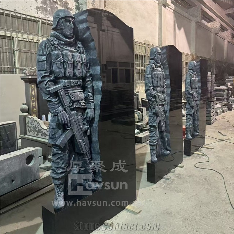 Hand Carved Black Granite Soldier Headstone