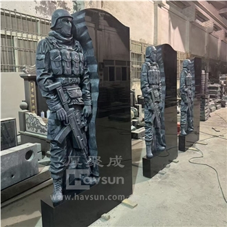 Hand Carved Black Granite Soldier Headstone