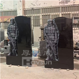 Hand Carved Black Granite Soldier Headstone