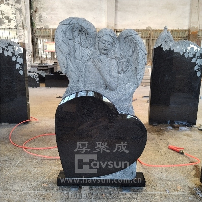 Wing Angel Fairy With Heart Black Granite Headstone