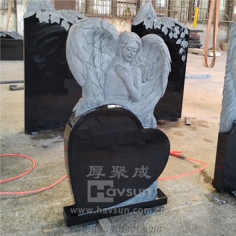 Wing Angel Fairy With Heart Black Granite Headstone