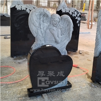 Wing Angel Fairy With Heart Black Granite Headstone