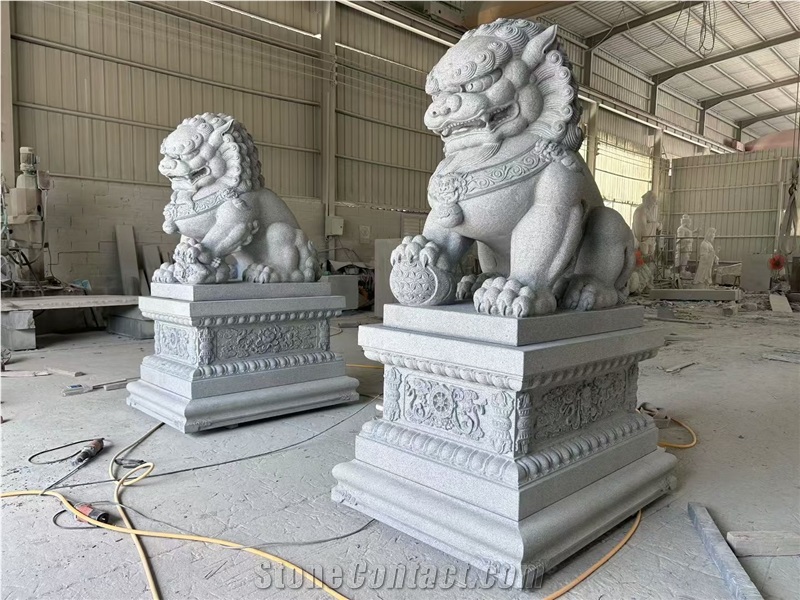 Grey Granite Carved Guardian Lions Sculptures