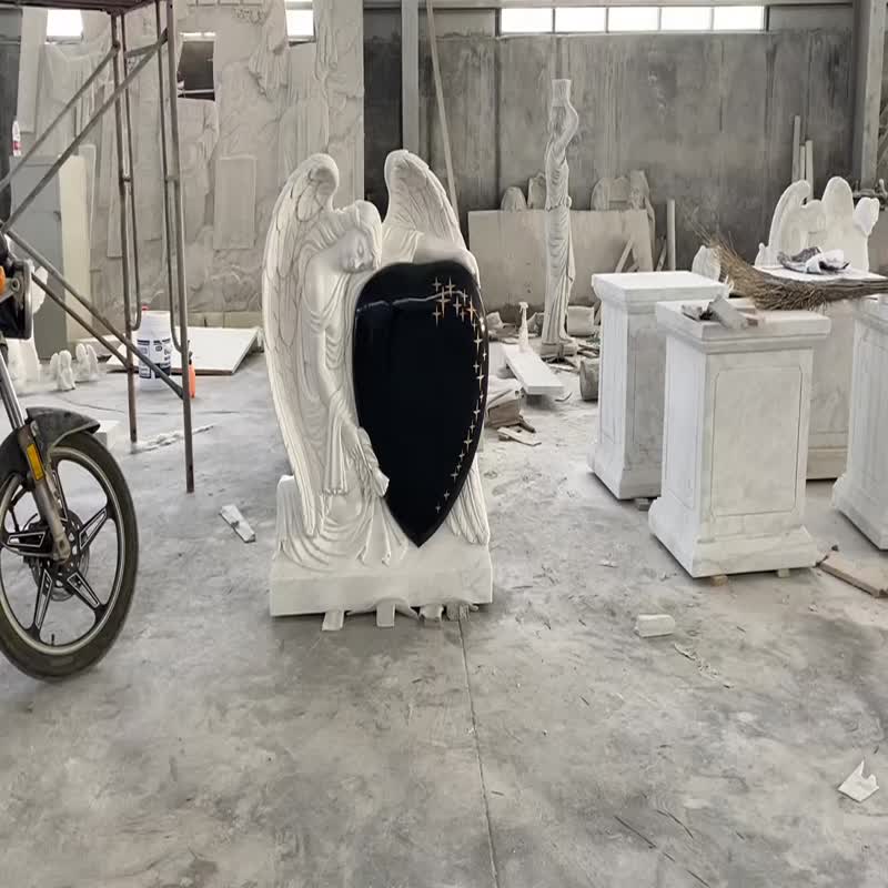 Angel Holding Heart Hand Carved White Marble Headstone
