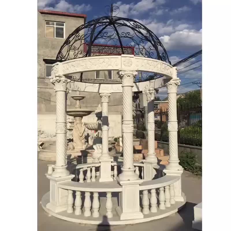 Outdoor Beige Marble Stone Column Gazebo, Garden Pavilion