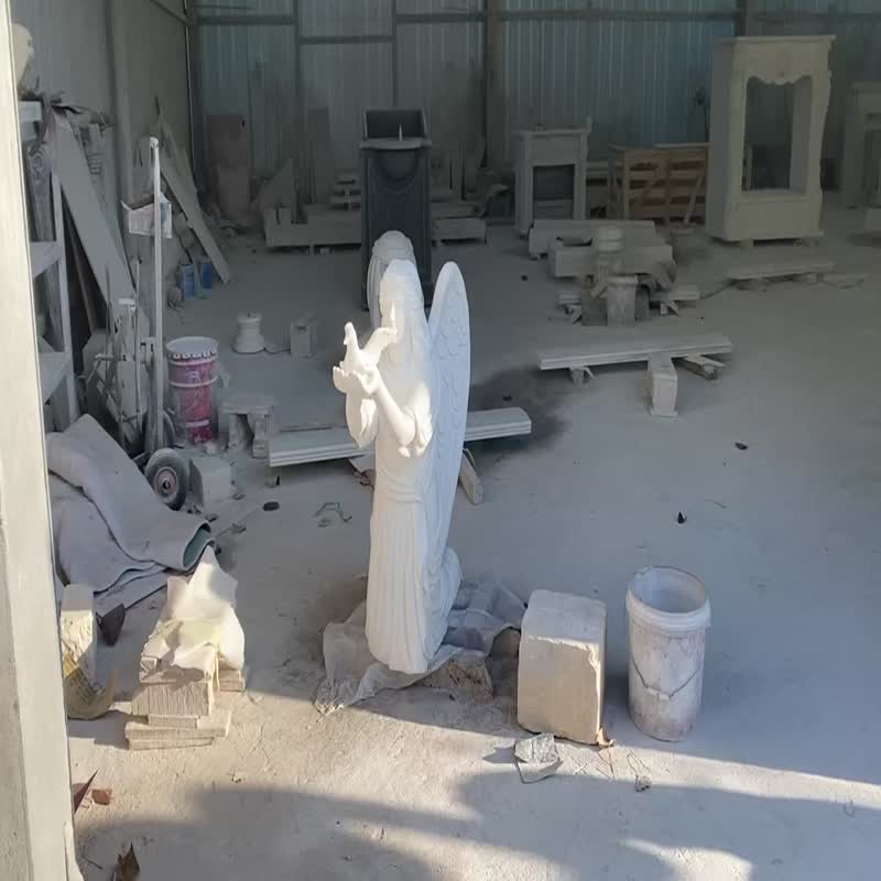 Natural White Marble Angel Sculpture Statue With Pigeon