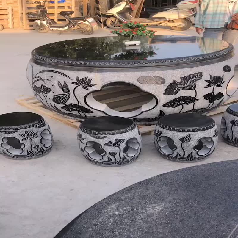 Garden Black Stone Tables And Chairs Hand Carved Flower Fish