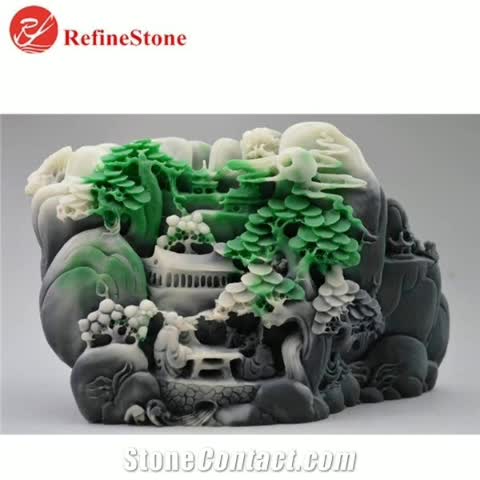 Handmade Mountain Scenery Green Jade Statue