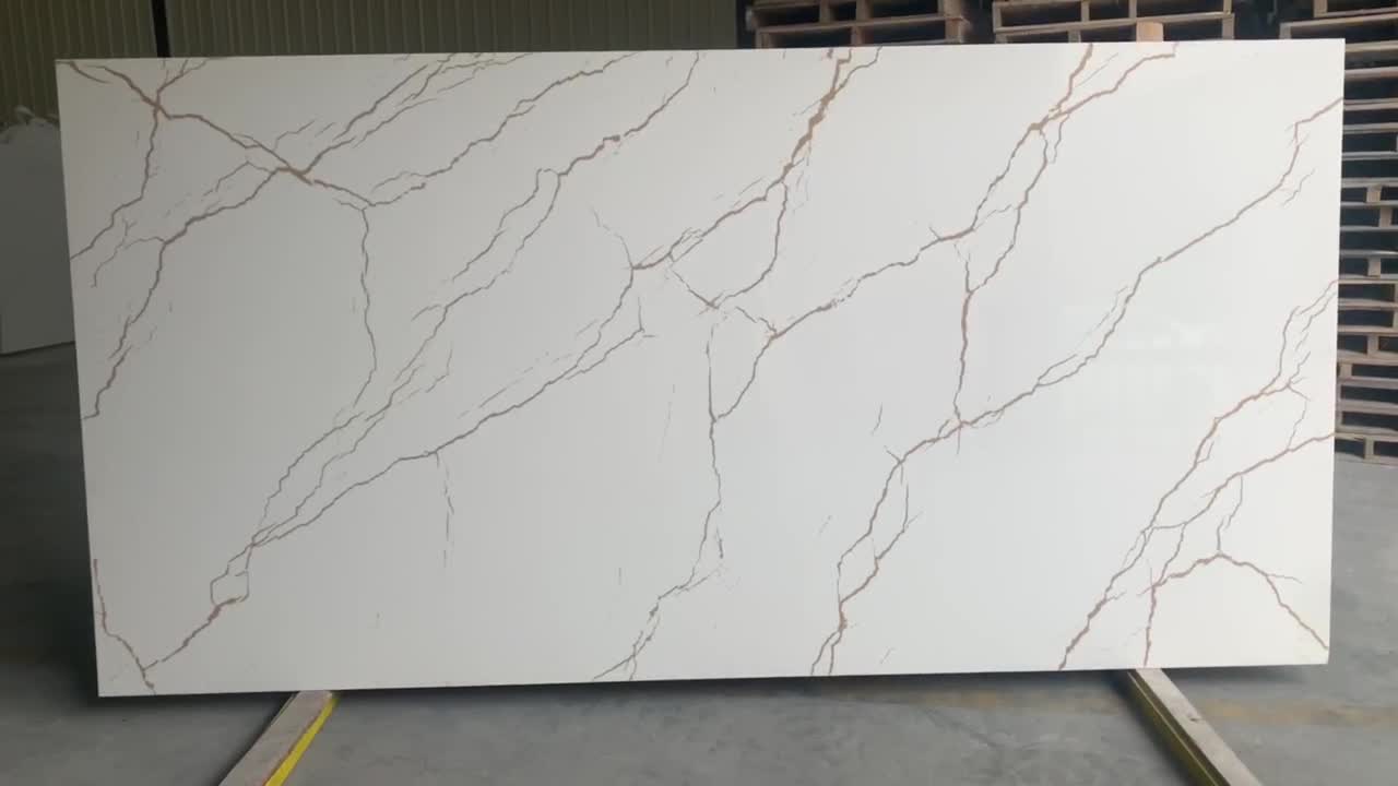 Artificial Quartz Slab The Golden Veins On White Background