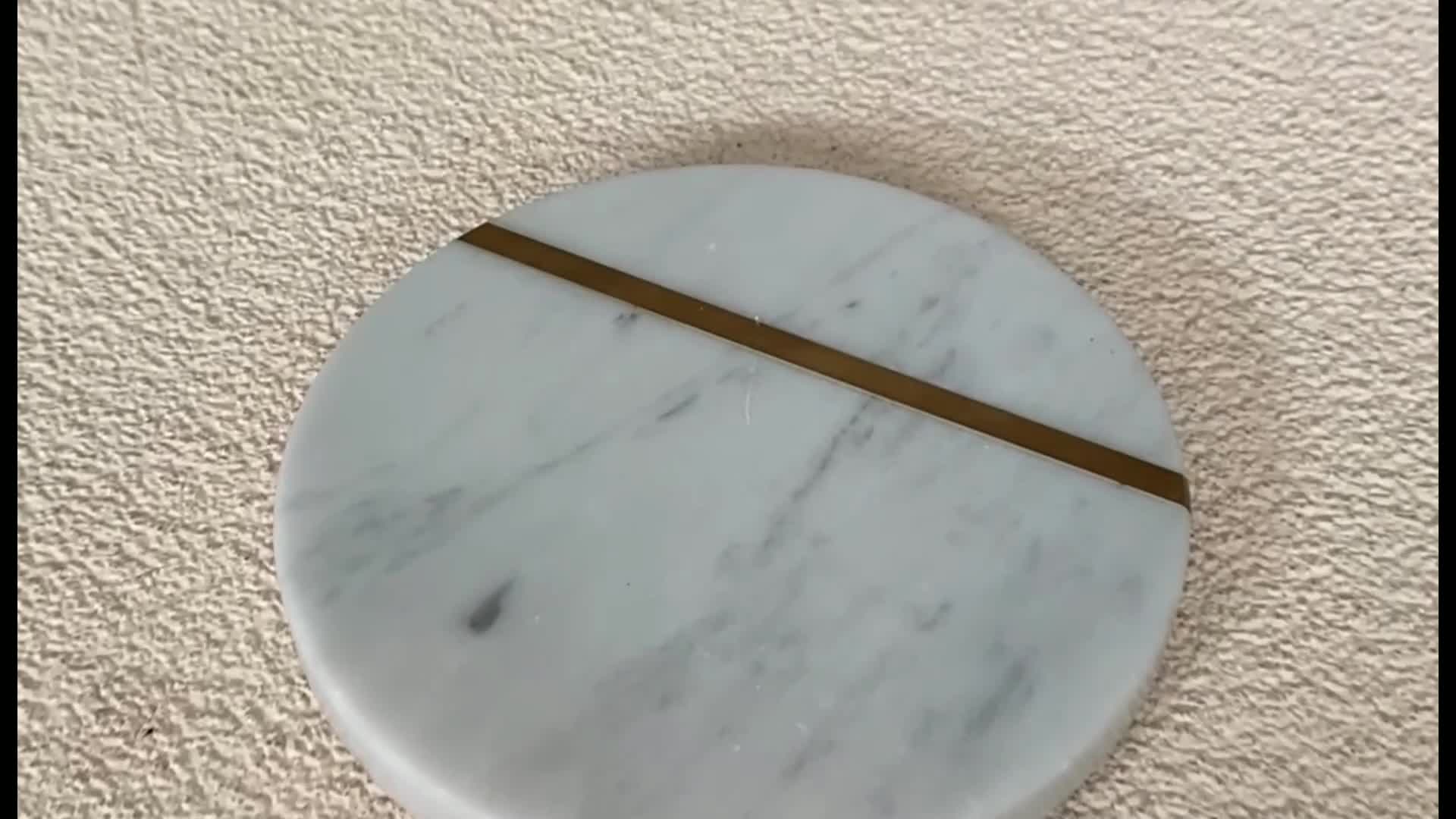 Polished Round Coaster With Brass Strip Marble Cup Plate