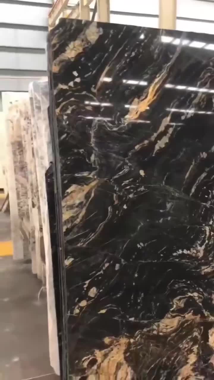 Italy Black Marble With Gold Line Polish Slab