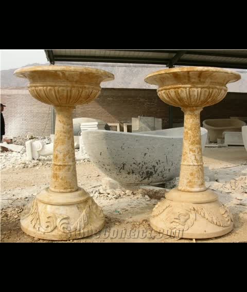 Beige Limestone Children Statue Flower Planters