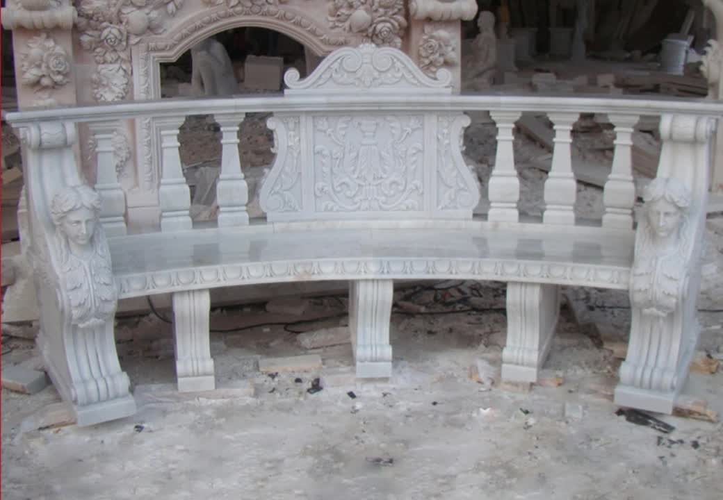 Stone Benches With Wood Surface And Wood Back