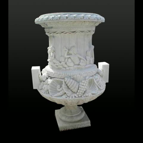 White Marble Round Hand Carved Relief Flower Pot & Planters