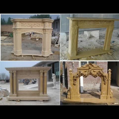 Yellow Beige Limestone Handcraft Carving Fireplace