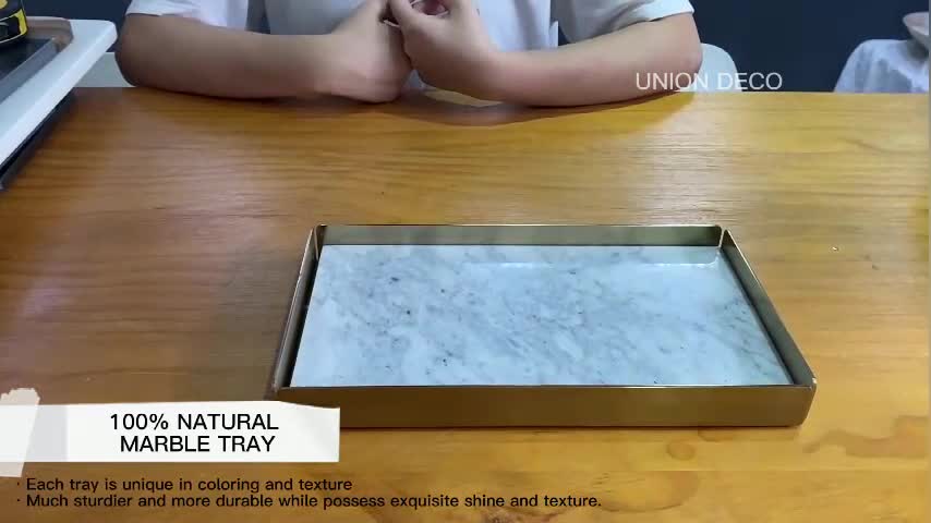 UNION DECO White Marble Tray With Metal Edge For Fruit Food